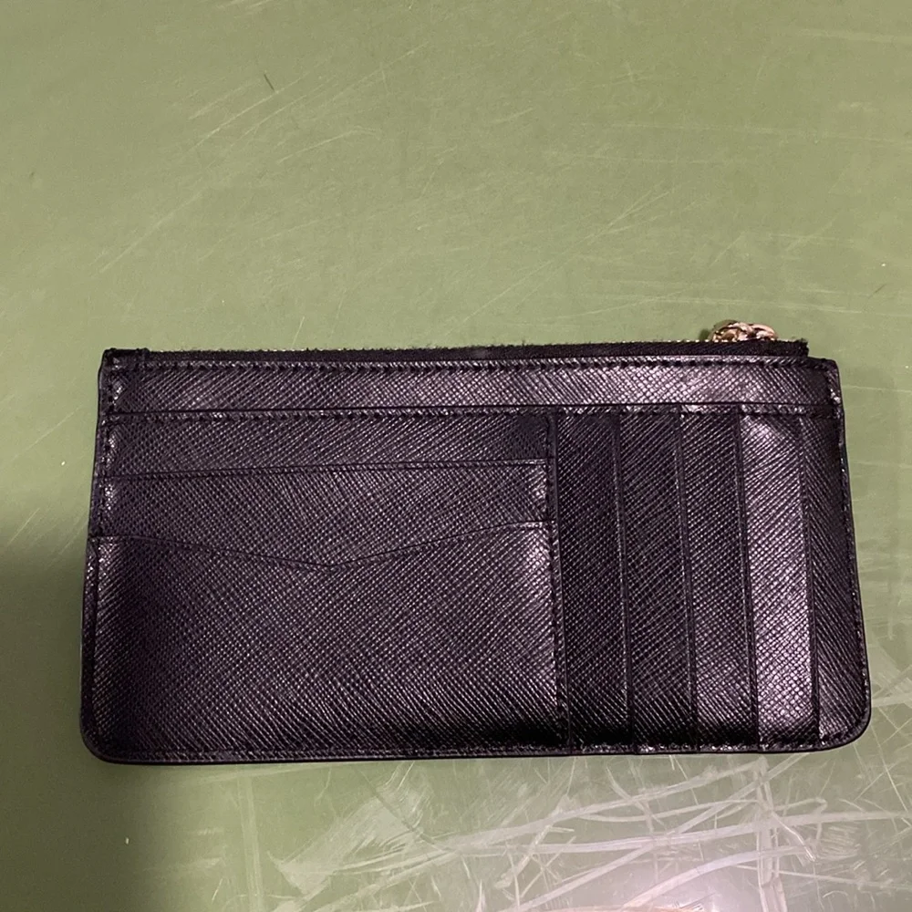 kate spade black leather zip card wallet with gold logo